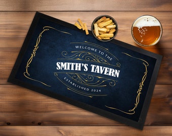 Personalised Bar Mat - Gold vintage beer home pub runner mat, VT101 home bar accessories