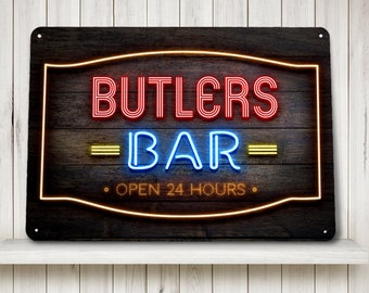 Personalised Bar Sign - Neon effect wood Printed Metal Sign A4 Home bar beer Sign