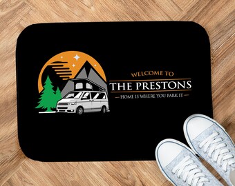 Personalised Motorhome Door Mat – Campervan Sunset Welcome Mat (Black & Orange, 44cm x 32cm) camping accessories