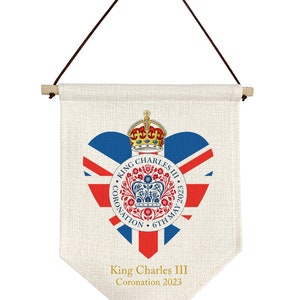 King Charles III Coronation Keepsake, heart crown union jack bunting souvenir gift linen hanging flag sign image 1