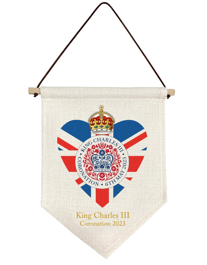 King Charles III Coronation Keepsake, heart crown union jack bunting souvenir gift linen hanging flag sign image 1