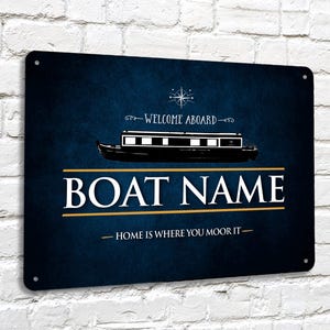 Cartello personalizzato per barca - Benvenuti a bordo di una barca stretta sul canale, cartello in metallo A4 Blue Grunge Barge