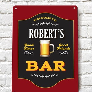 Personalised Bar Sign - Red Printed Metal Sign A4 Home Pub Sign
