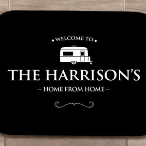 Personalised Caravan Mat - Black Home from home, mobile caravan trailer door Mat 44cm x 32cm - indoor use