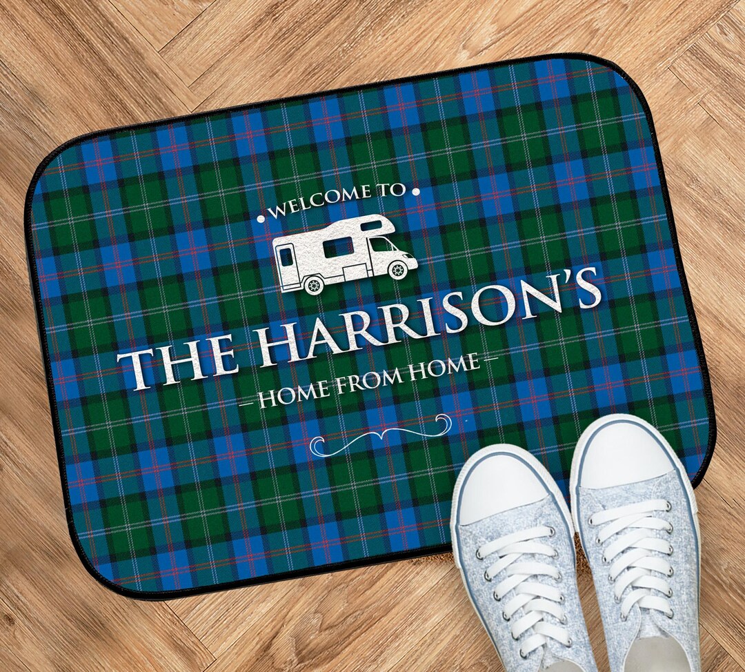 Personalised Campervan Mat - Blue Tartan Motorhome RV Door Mat 44cm X ...