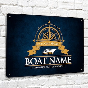 Personalised Boat Sign - Welcome Aboard Canal Boat, Yacht Blue Grunge effect A4 metal Sign LC101