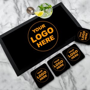 Personalised Logo Bar Mat | Coaster set - Business logo brand or image | Custom printed home bar runner set