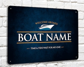 Personalised Boat Sign - Welcome Aboard Boat, Yacht Blue Grunge Barge A4 metal Sign BS3