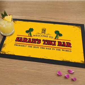 Personalised Yellow Tiki Bar Runner Mat | Tropical Cocktail Bar Accessories for Tiki Bar, Garden Bar & Man Cave