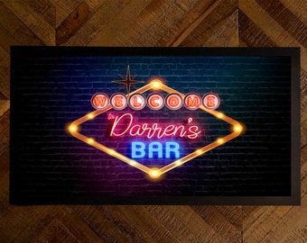 Las Vegas Bar Runner Mat - Personalised Neon las vegas bar mat, gift for Home bar accessories, cocktail birthday party