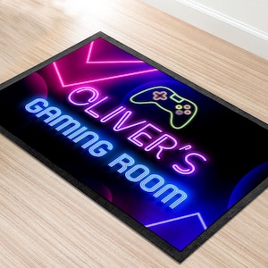 Personalised Gaming room mat, video games room Neon mat | Gamer teenagers room non slip gaming mat 60 x 40cm | 3 sizes available