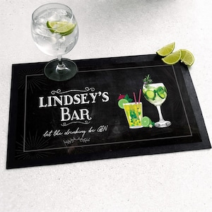 Personalised Bar Runner - Gin Cocktail bar runner mat, chalkboard style,  home bar accessories