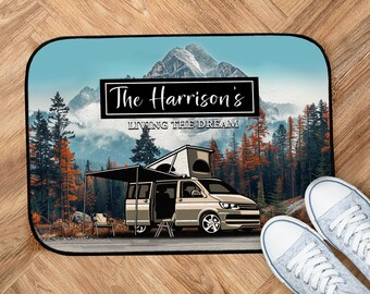 Personalised Motorhome Door Mat – Campervan Sunset Welcome Mat (Mountain scene, 44cm x 32cm) camping accessories PTC02