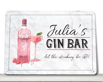Personalised Pink GIN Bar Sign - White Printed Metal Sign A4 Home bar beer Sign