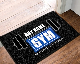 Personalised Gym Door mat 2 sizes, non slip base mat, Home Gym dumbells mat