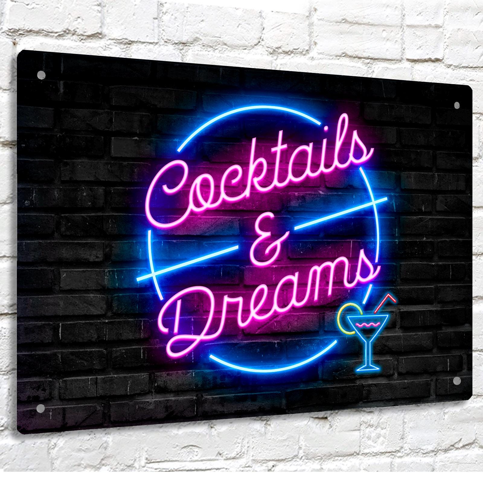 Cocktails & Dreams Bar Sign | Printed Metal Sign A4 Neon Effect