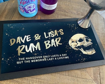 Personalised Rum Bar Mat | skull spiced rum bar gift | Home bar accessories, barware rum bar