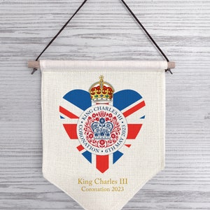 King Charles III Coronation Keepsake, heart crown union jack bunting souvenir gift linen hanging flag sign image 2