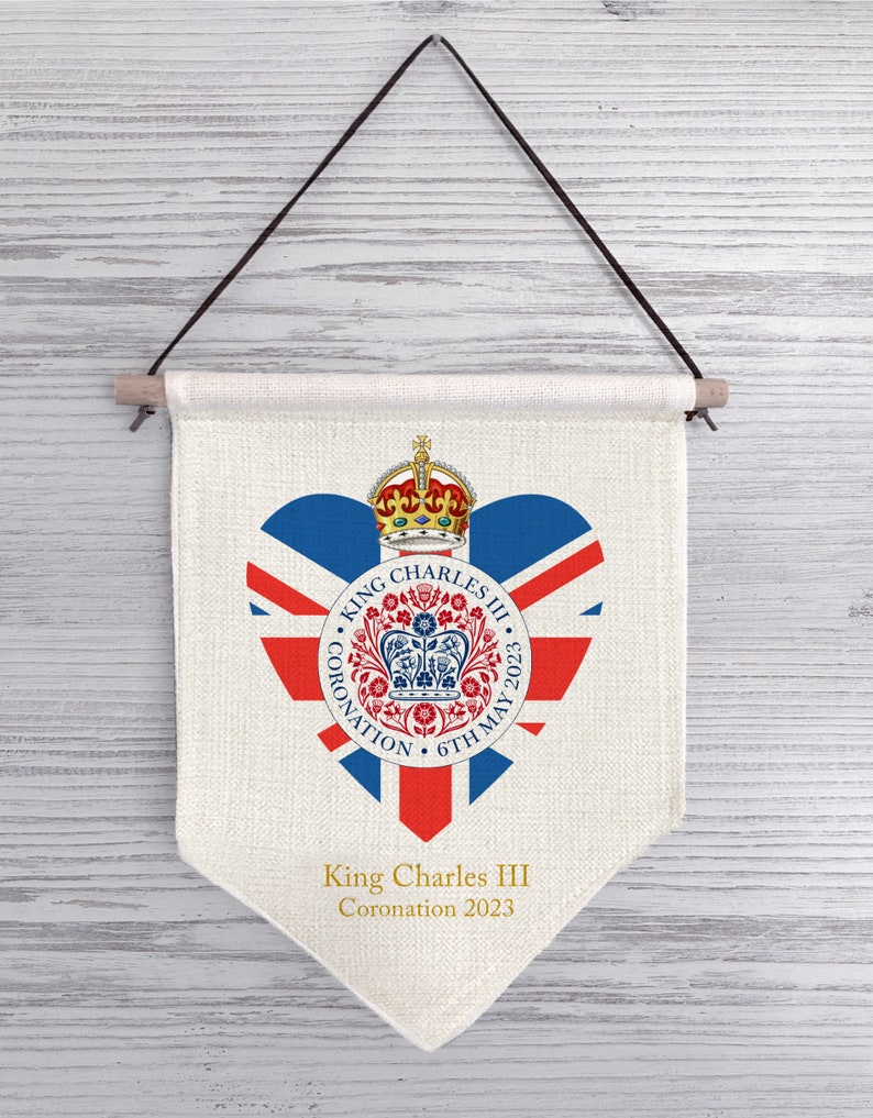 King Charles III Coronation Keepsake, heart crown union jack bunting souvenir gift linen hanging flag sign image 2