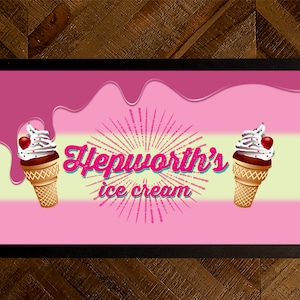 May include: A pink and yellow sign with the text "Hepworth's ice cream" in pink letters. Two ice cream cones with chocolate ice cream, white frosting, and a cherry on top are on either side of the text.