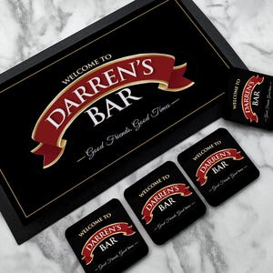 Personalised Bar Mat / Coasters / Red Ribbon / Rubber Custom Home Bar runner Beer Mat, man cave accessories gift set - gifts for him