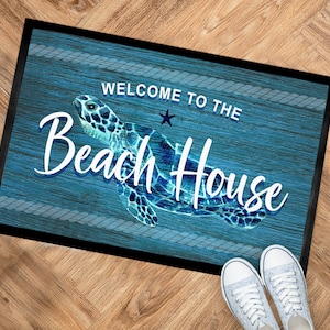Turtle Beach House door mat  | Blue 60 x 40cm, Beach Hut door mat - Nautical seaside accessories