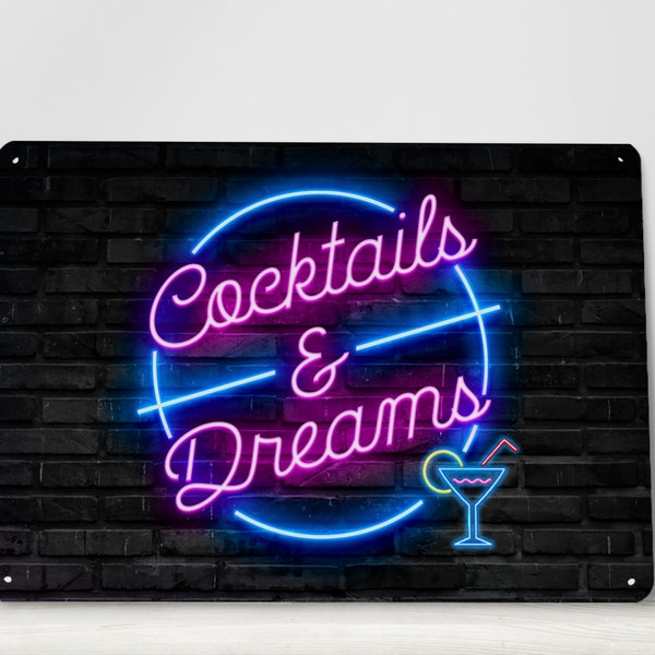 Cocktails & Dreams Bar Sign -  Printed Metal Sign A4 Home bar cocktail Sign