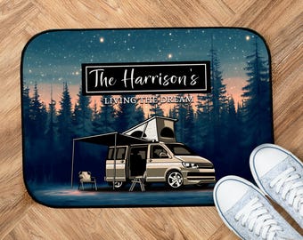 Personalised Motorhome Night scene Door Mat – Campervan Sunset Welcome Mat (Mountain scene, 44cm x 32cm) camping accessories PTC04