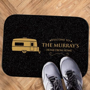 Personalised Caravan Mat - black/gold , mobile caravan camping door Mat 44cm x 32cm - indoor caravan accessories