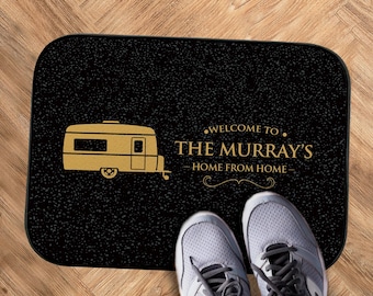 Personalised Caravan Mat - black/gold , mobile caravan camping door Mat 44cm x 32cm - indoor caravan accessories