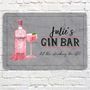 Personalised Pink GIN Bar Sign - GREY Printed Metal Sign A4 Home bar beer Sign