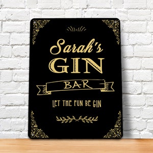 Personalised Gin Bar Sign - Black Gold Printed Metal Sign A4 Home bar Gin Bar Sign
