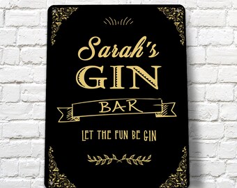 Personalized Gin Bar Sign: Black & Gold Metal Home Bar Decor