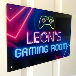 Personalised Gaming Room Sign - neon effect printed teenagers video games room Gamertag Metal sign - gaming zone