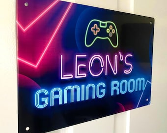 Personalisiertes Spielzimmer Zeichen | Neon Effekt gedruckt Teenager Videospieler Raum | Gamertag Metallschild - Gaming Zone