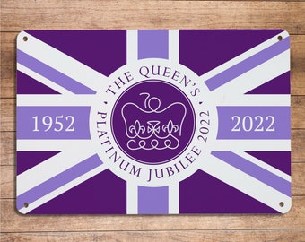 Queens Platinum Jubilee 70 years Celebration, PURPLE Union Jack Metal Sign Souvenir wall art hangin party sign