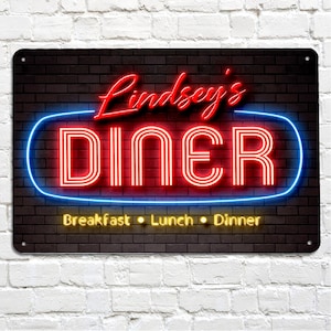 Personalised Diner Sign - Neon effect Printed Metal Sign A4 American Diner Sign