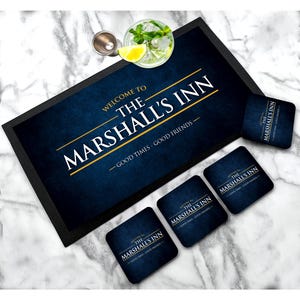 Personalised Bar Runner mat | Coasters - grunge Bar runner - Custom Beer accessories barware gift, home bar man cave novelty gift bar set
