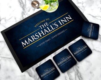 Personalised Bar Runner mat | Coasters - grunge Bar runner - Custom Beer accessories barware gift, home bar man cave novelty gift bar set