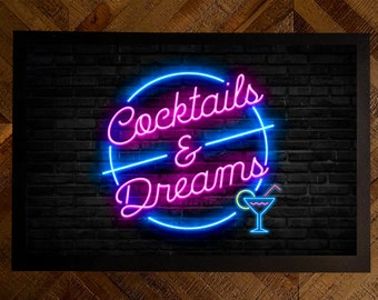 Cocktails & Dreams novelty Bar Door Mat, 80s neon home bar accessories 60 x 40cm