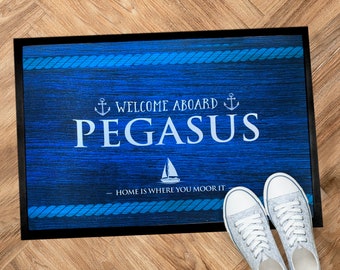 Personalised Boat Door mat | Welcome aboard Nautical BLUE Sailing boat narrowboat custom floor mat