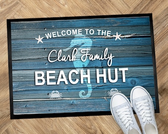 Personalised Blue Beach Hut door mat  |  Seahorse nautical beach house gift 60 x 40cm, non slip door mat,