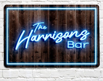 Personalised Bar Sign - Neon effect Printed Metal Sign A4 Home bar beer Sign