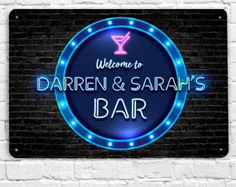 Personalised Bar Sign - Neon Blue circle Printed Metal Sign A4 Home bar beer Sign