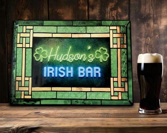 Personalised Irish Bar Sign |  Green stained glass effect Printed Metal Sign | St patricks day decor