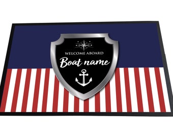 Personalised Boat/barge Door mat 60 x 40cm, non slip base mat, Nautical BLue/red stripe  boat entrance mat