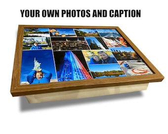 Gepersonaliseerde schoottafeltje met foto | Collagemontagefoto's Bedrukt met bijgevoegd kussen | gepersonaliseerd laptopcadeau