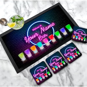 Personalised Cocktail Bar Mat Coasters | -  Cocktail Shots bar runner mat,  Custom Home Bar Runner, Personalised Gift, Home Bar Accessories