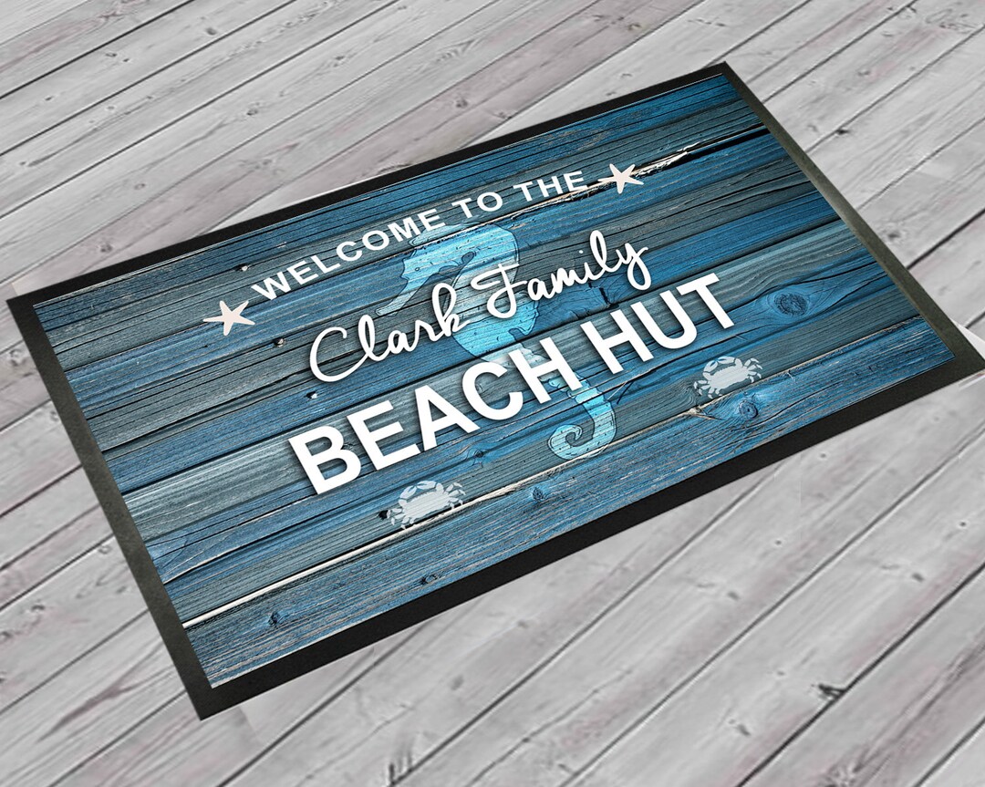Personalised Blue Beach Hut Door Mat 60 X 40cm Non Slip Etsy