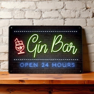 Gin Bar Sign | Printed Metal Bar Sign | Neon print effect Wall Art Home Cocktail Bar Accessories